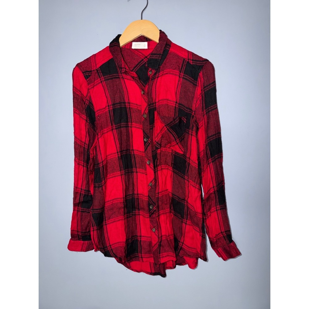 Maurices Red Black Buffalo Plaid Lace Up Back Relaxed Fit‎ Tunic Shirt M